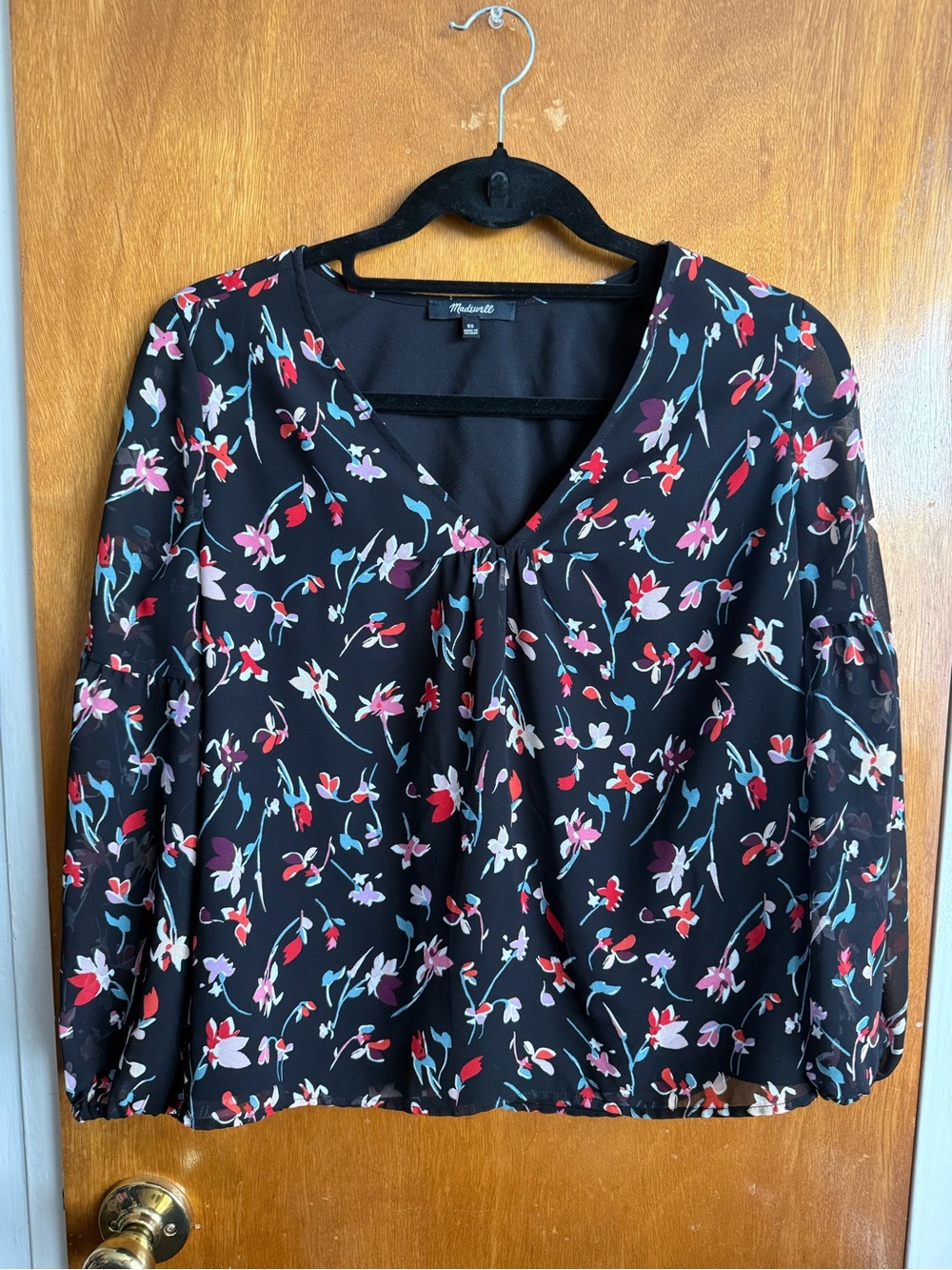 Madewell Black Floral V-Neck Blouse with red and pink floral Print